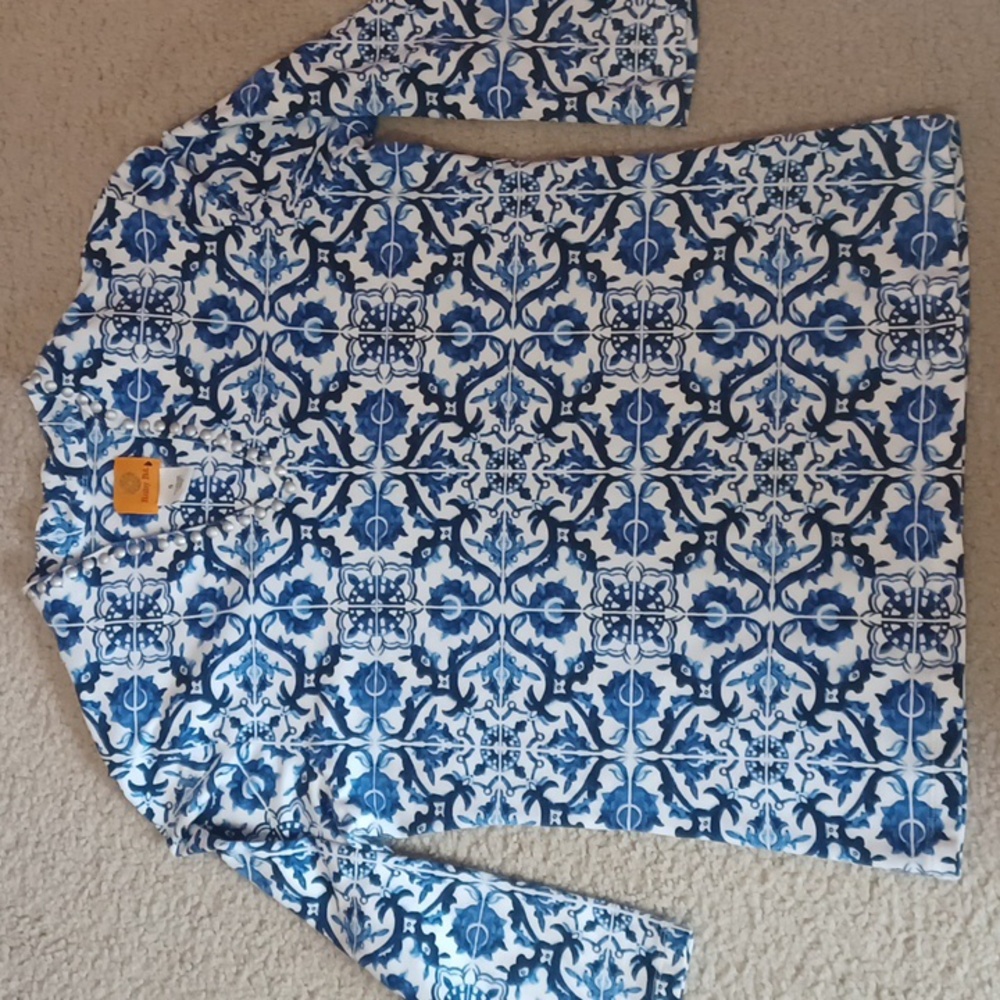 Ruby Rd. Blue and White Top With Studded Neckline